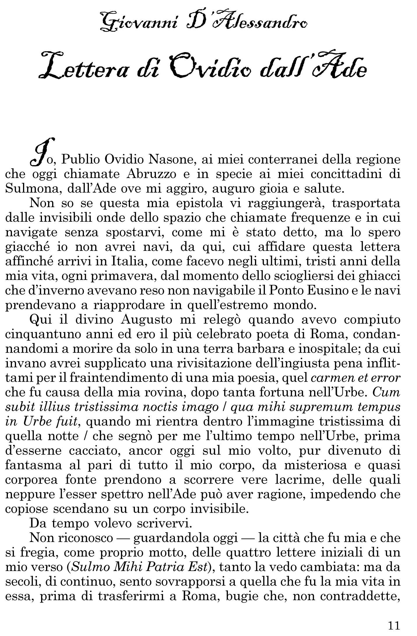Giovanni D’Alessandro, LETTERA DI OVIDIO DALL’ADE
